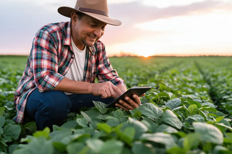 Farmer crouching in soybean field using tablet at sunset