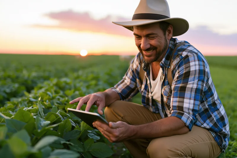 Farmer crouching in a soybean field using a tablet at sunset