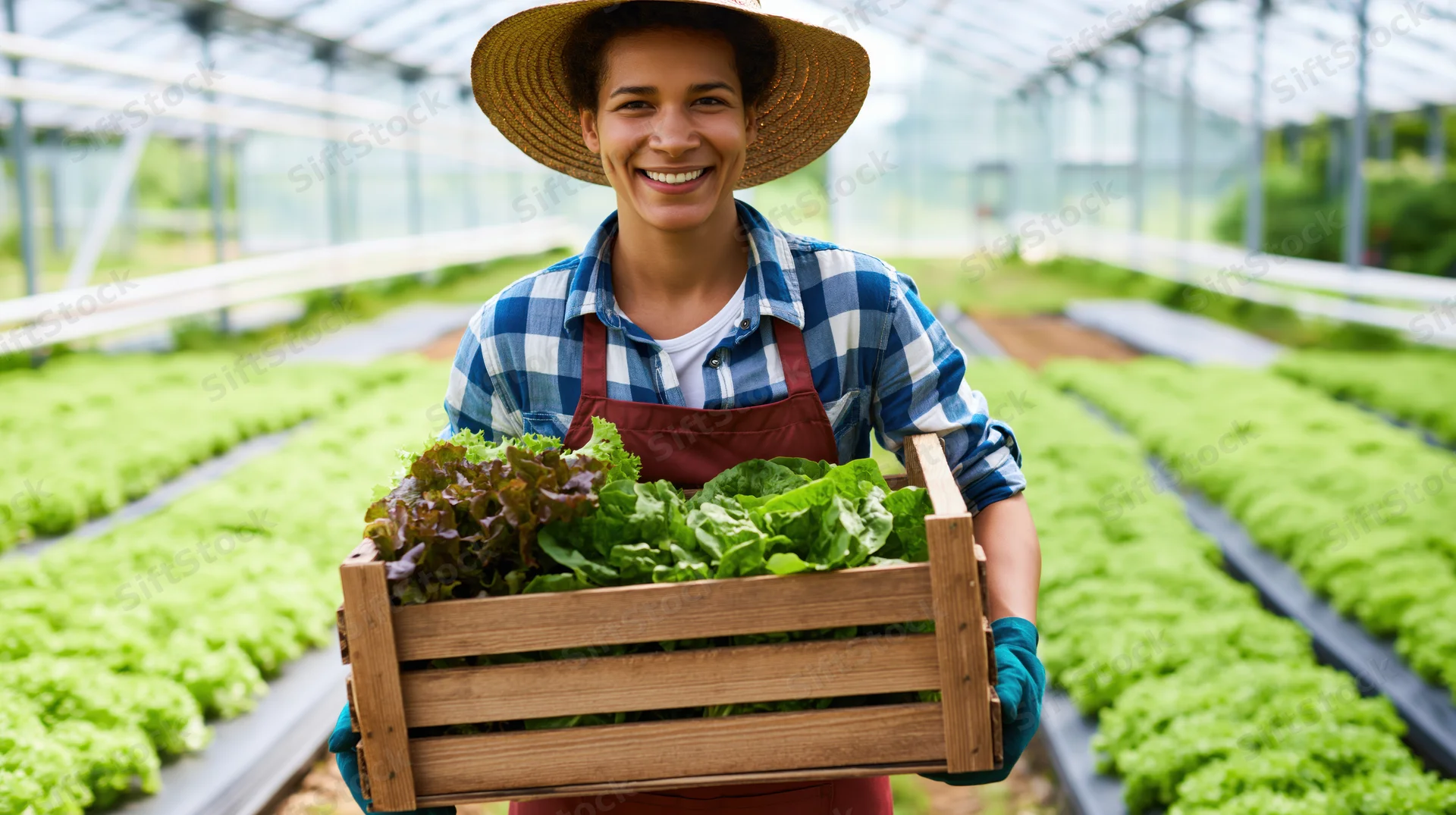 Smiling woman farmer holding wooden crate of fresh lettuce in greenhouse