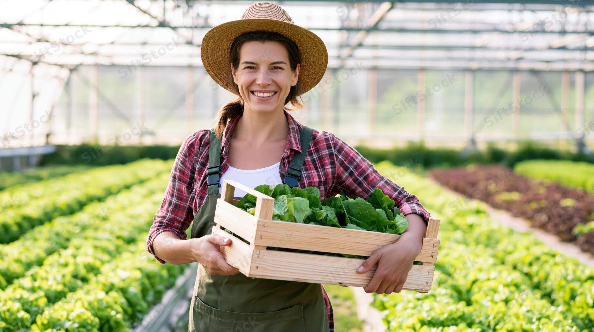 Woman farmer holding wooden crate of fresh lettuce in greenhouse garden