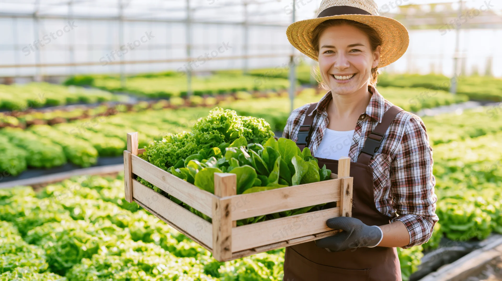 Woman farmer holding wooden crate of fresh lettuce in greenhouse
