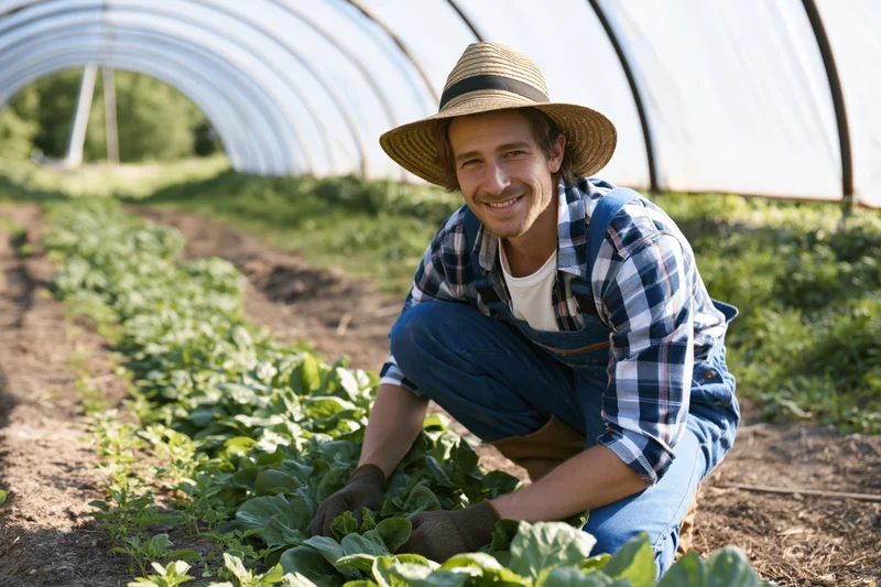 Smiling farmer crouching among leafy vegetables in a greenhouse garden