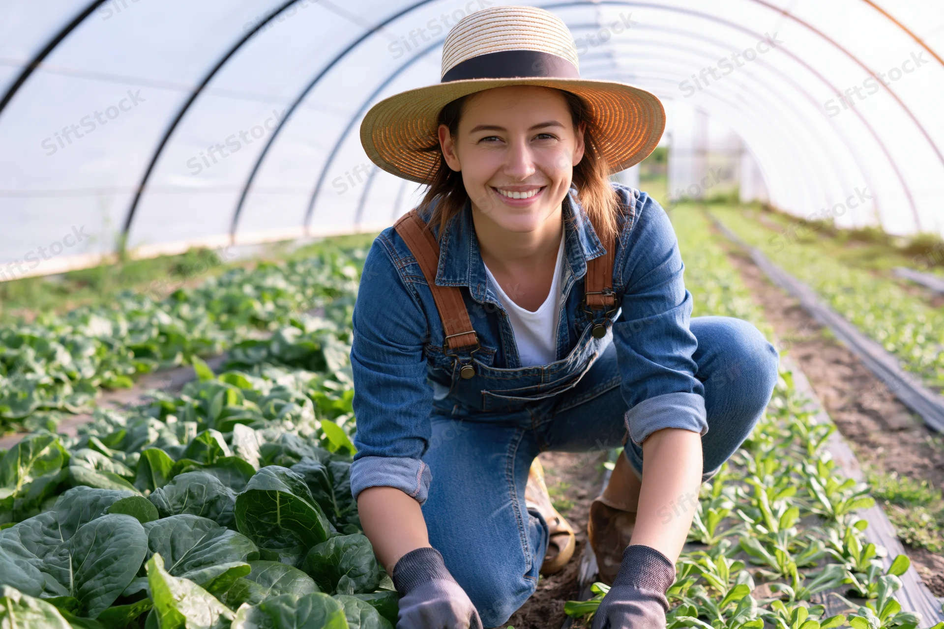 Woman in overalls kneeling among lettuce rows in a greenhouse, smiling at camera