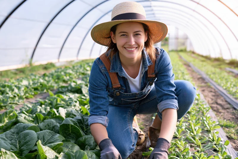 Woman in overalls kneeling among lettuce rows in a greenhouse, smiling at camera