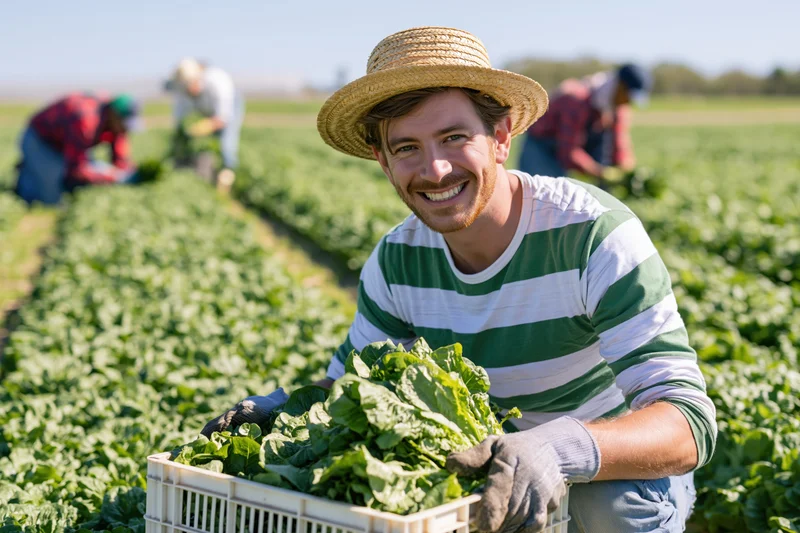 Smiling farmer kneeling in a field holding a crate of fresh lettuce during harvest