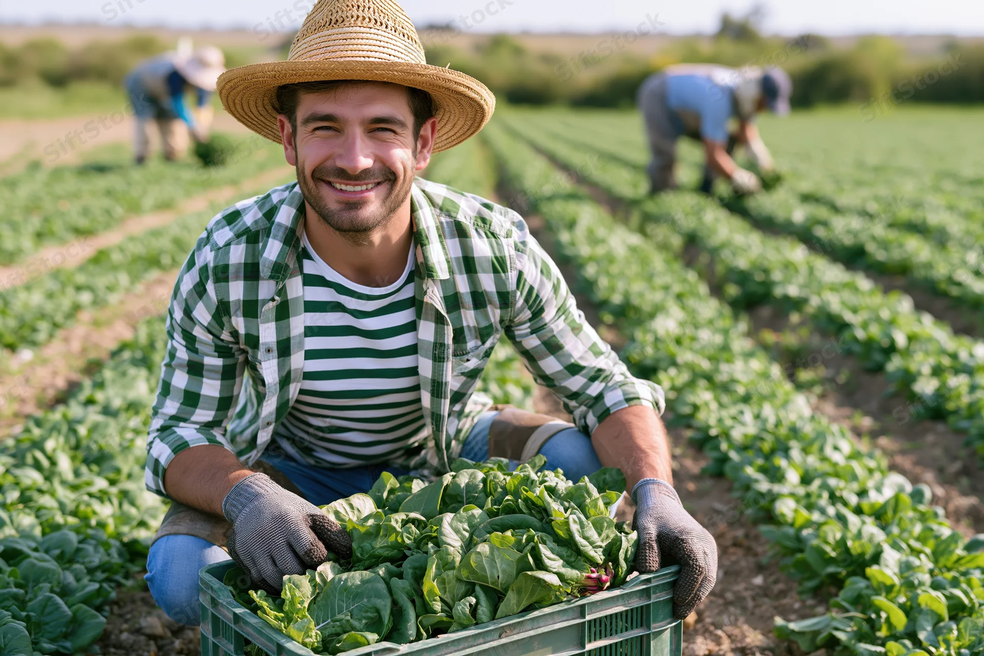 Smiling farmer kneeling in a field holding a crate of fresh lettuce during harvest