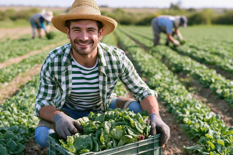 Smiling farmer kneeling in a field holding a crate of fresh lettuce during harvest
