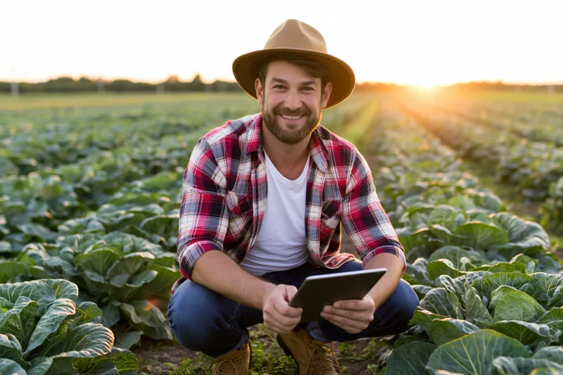 Farmer crouching in a cabbage field holding a tablet at sunset