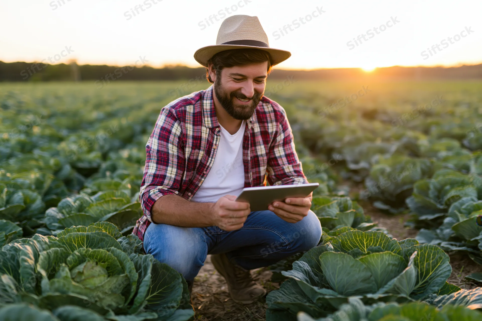 Farmer crouching in cabbage field using tablet at sunset