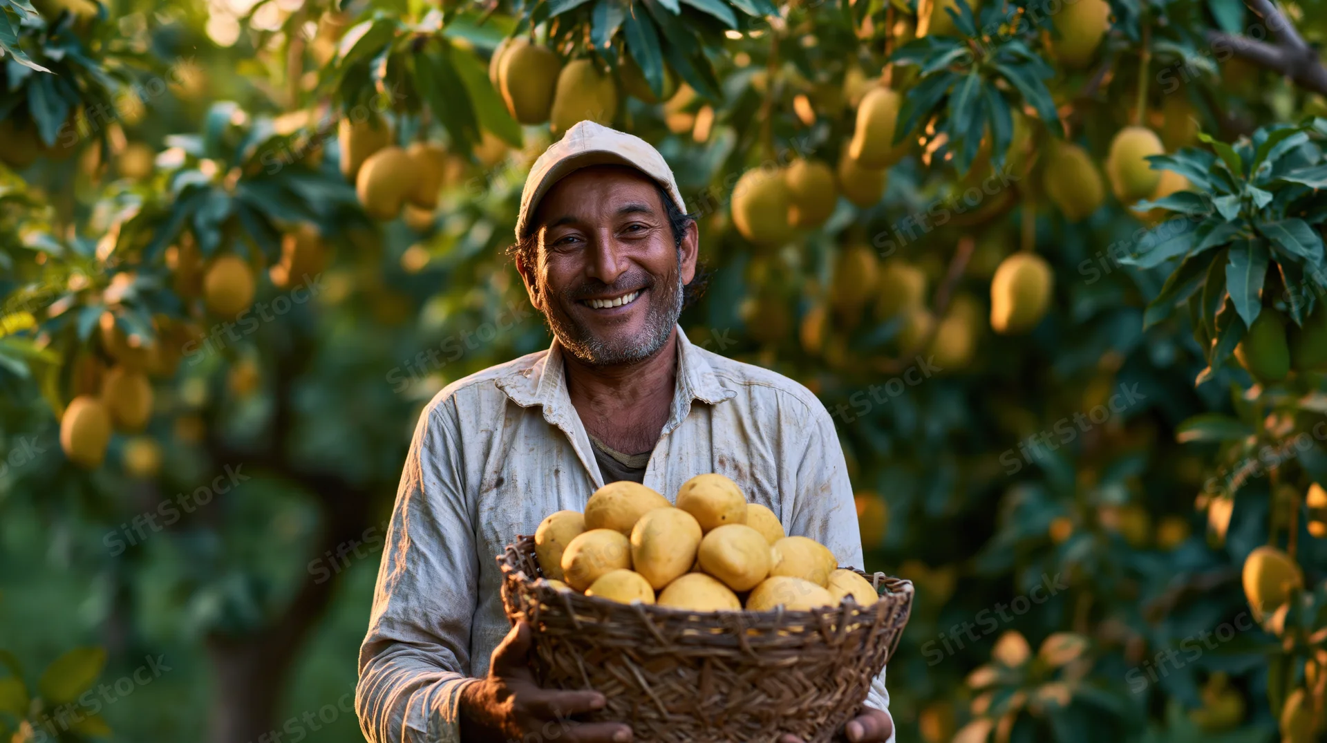 Smiling farmer holding a basket of mangoes in an orchard at golden hour