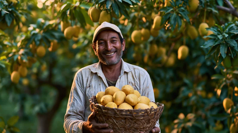 Smiling farmer holding a basket of mangoes in an orchard at golden hour