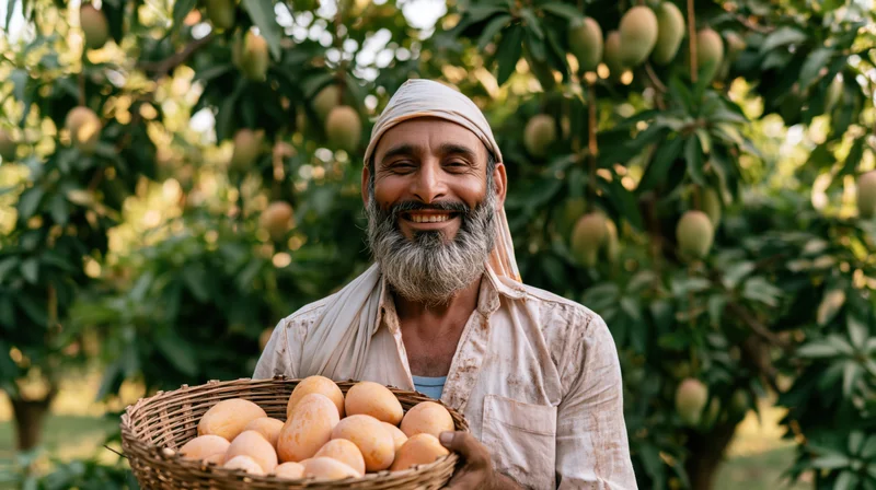 Smiling farmer holding basket of ripe mangoes in orchard