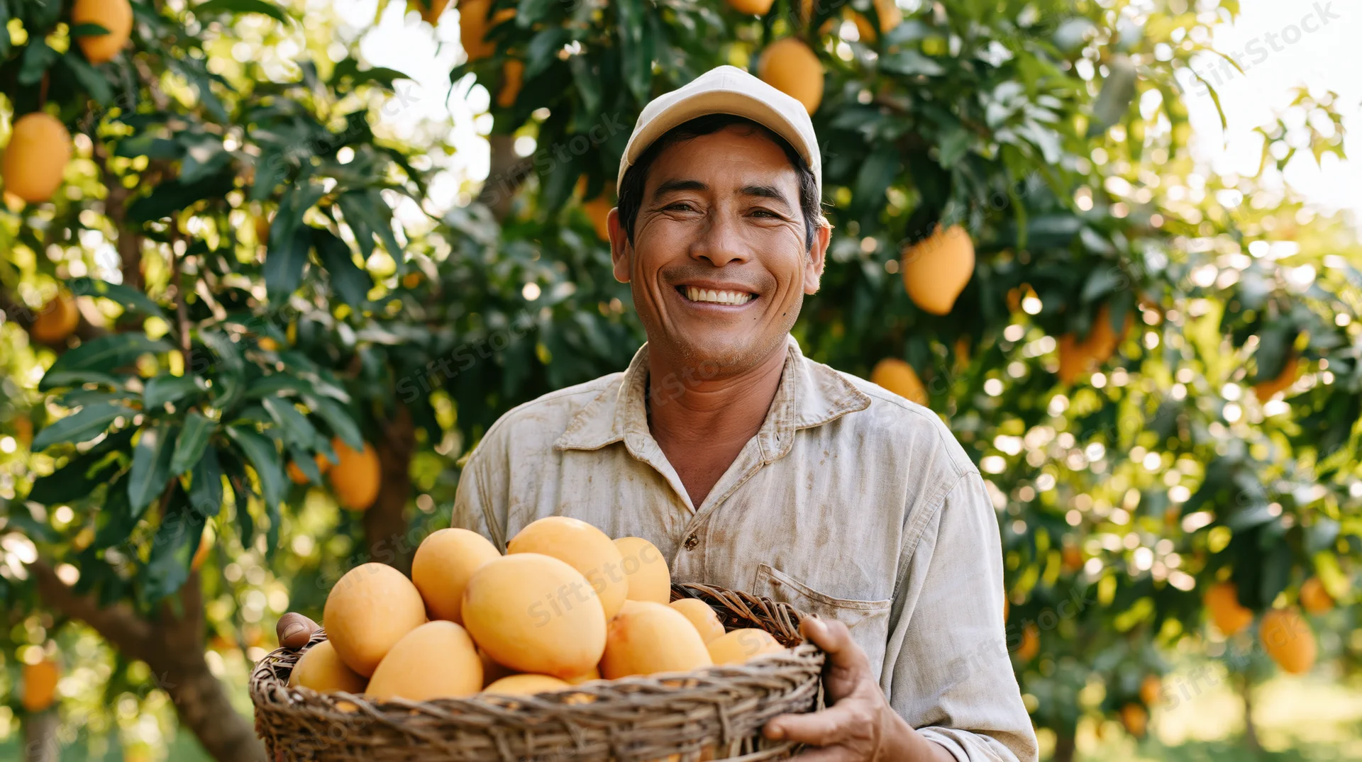 Smiling farmer holding basket of mangoes in orchard