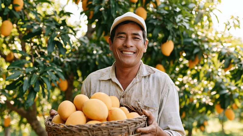 Smiling farmer holding basket of mangoes in orchard