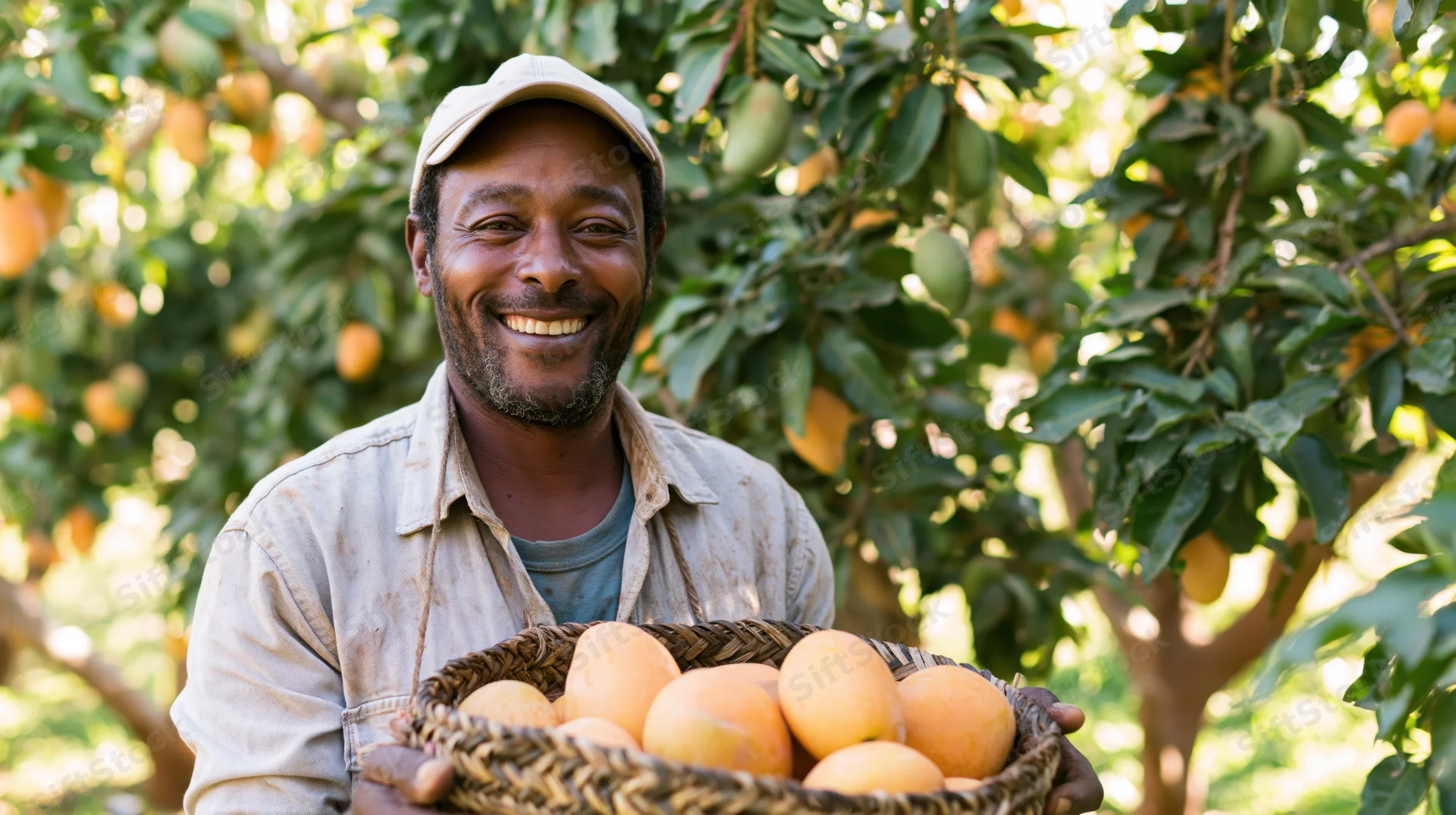 Smiling black farmer holding basket of mangoes in orchard