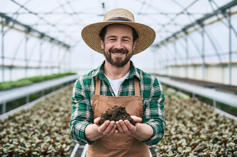 Farmer holding soil in greenhouse with rows of leafy plants