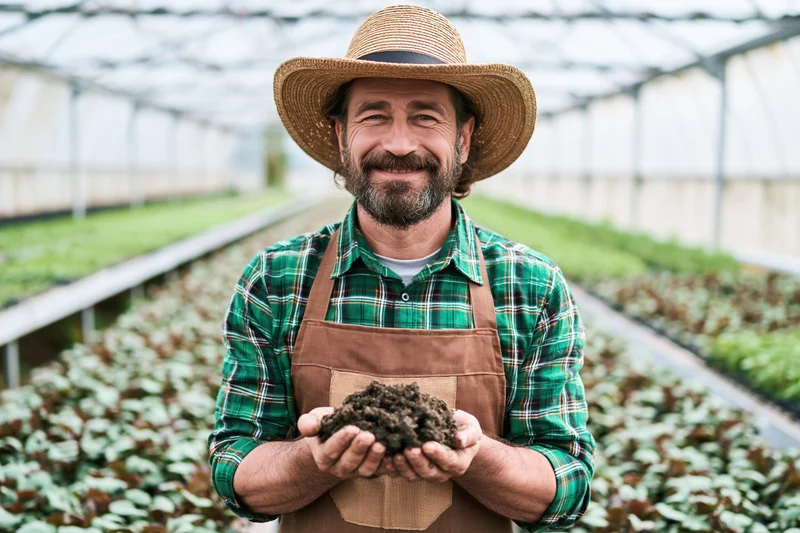 Smiling farmer holding soil in greenhouse among rows of plants