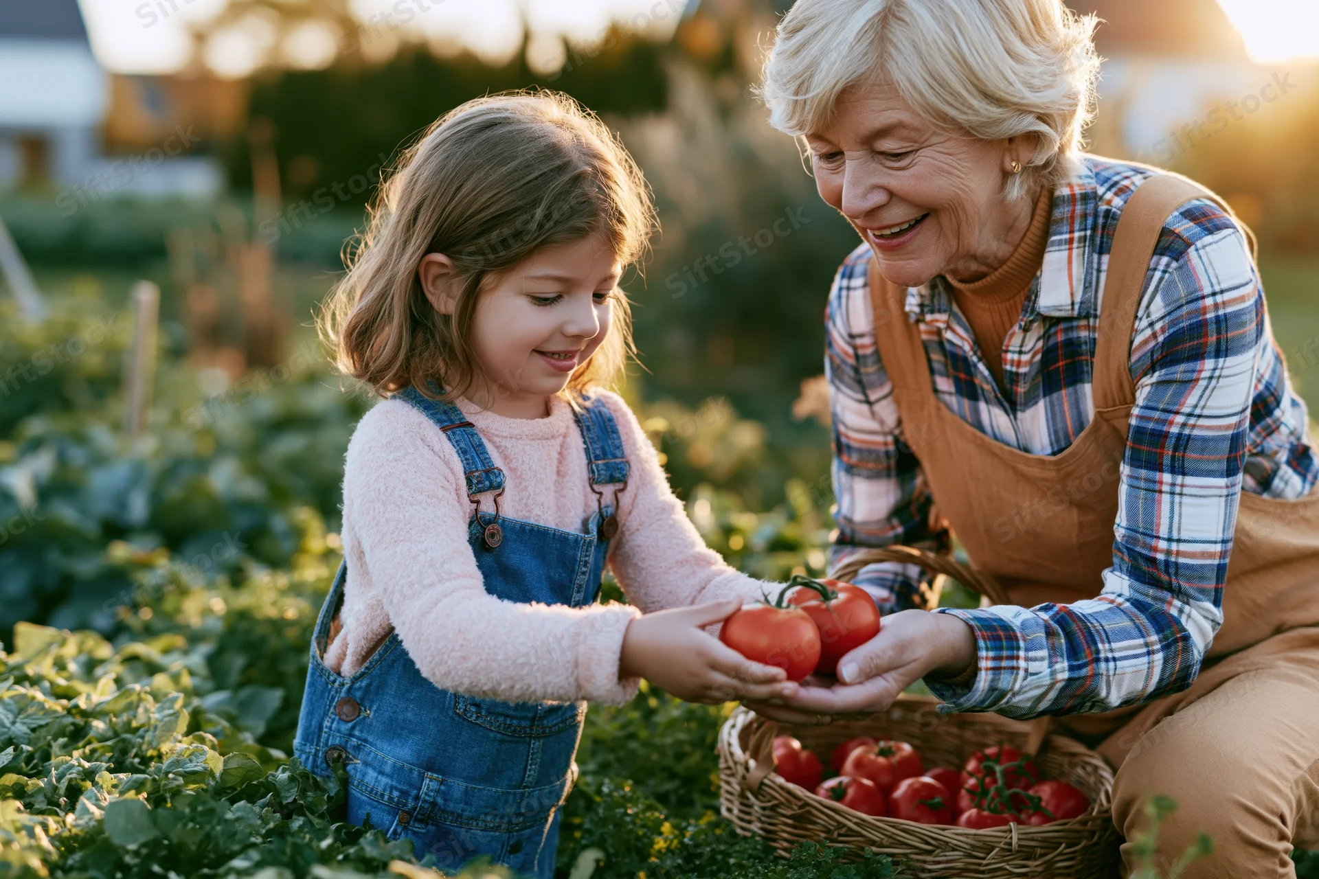 Grandmother and young girl harvesting tomatoes together in a garden at golden hour