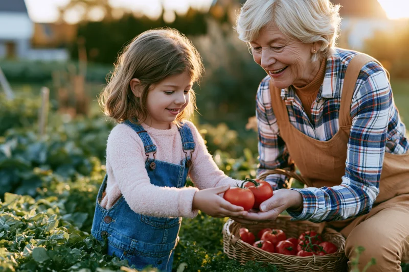 Grandmother and young girl harvesting tomatoes together in a garden at golden hour