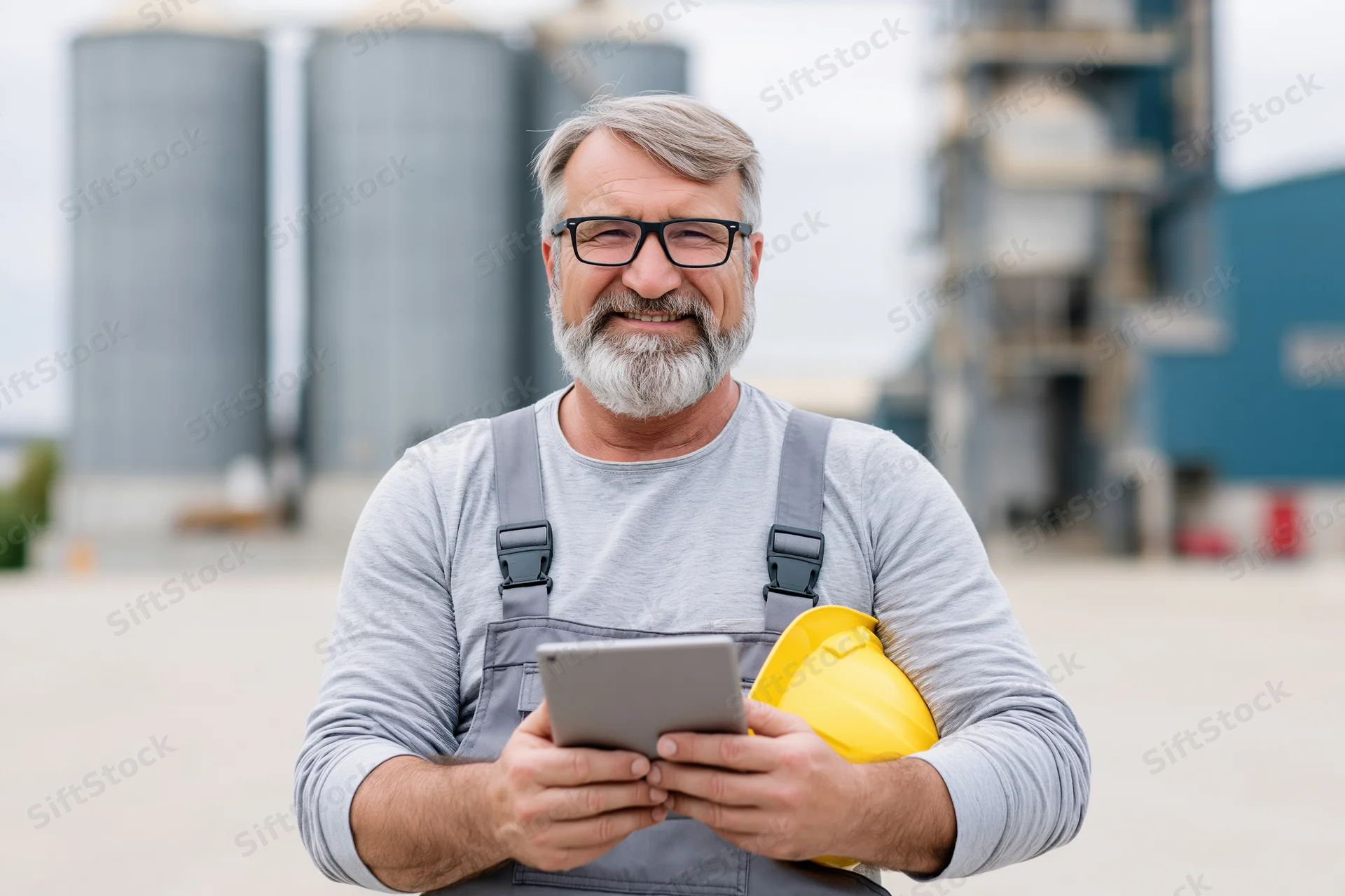 Smiling senior man in overalls holding tablet and yellow hardhat at industrial facility