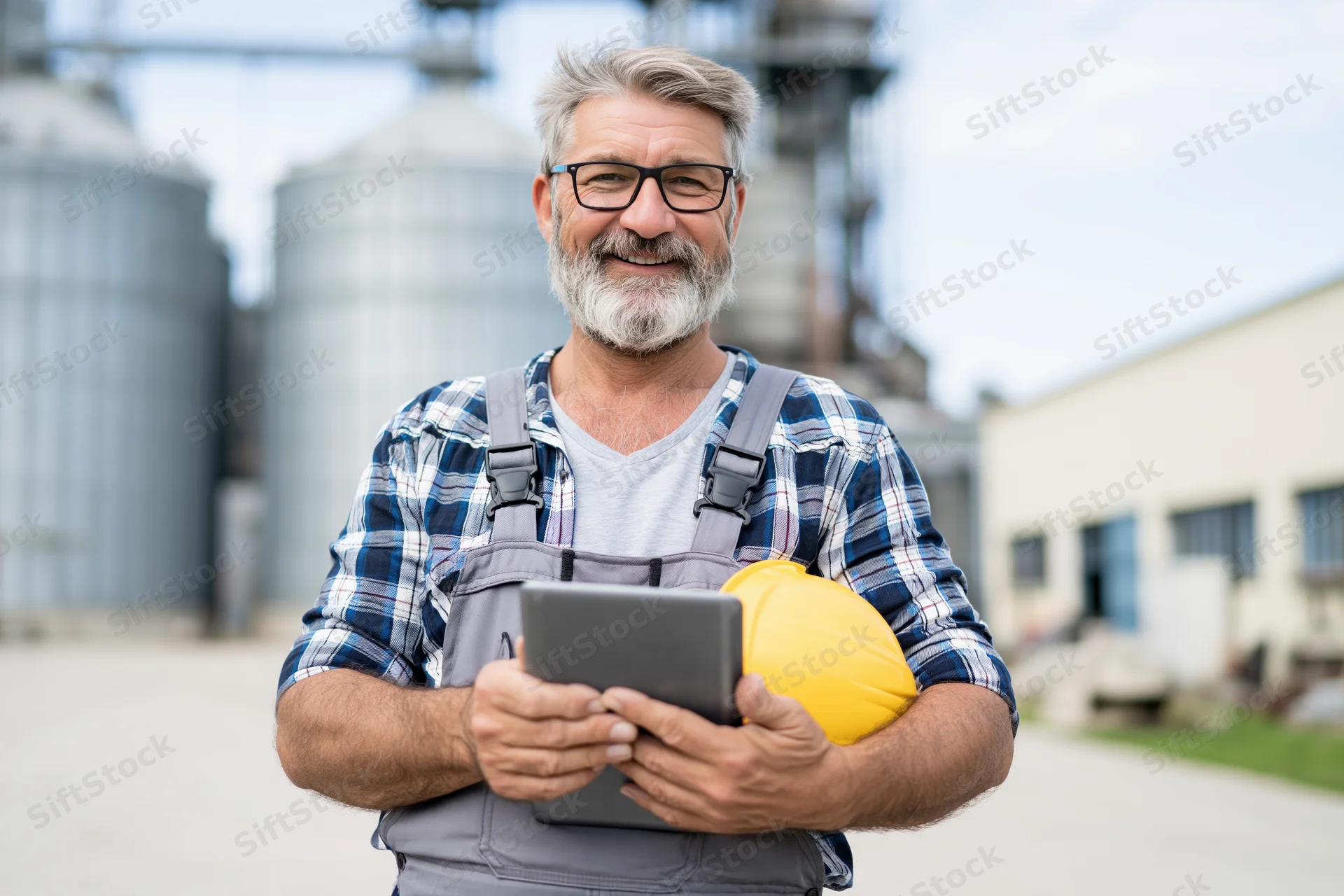 Smiling middleaged man in overalls holding tablet and hardhat at industrial plant
