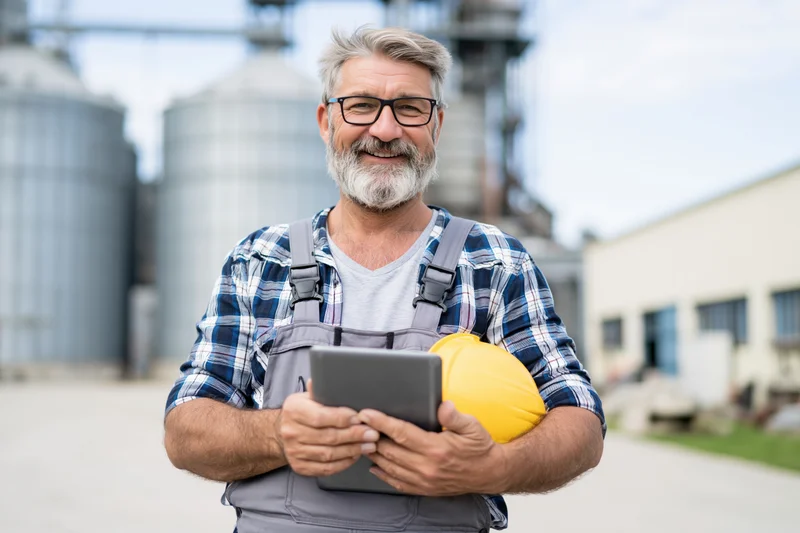 Smiling middleaged man in overalls holding tablet and hardhat at industrial plant