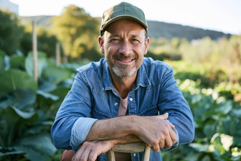 Smiling man in cap leaning on garden tool in vegetable field