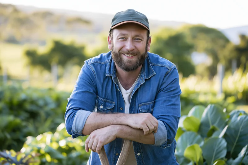 Smiling man in cap leaning on shovel in vegetable garden