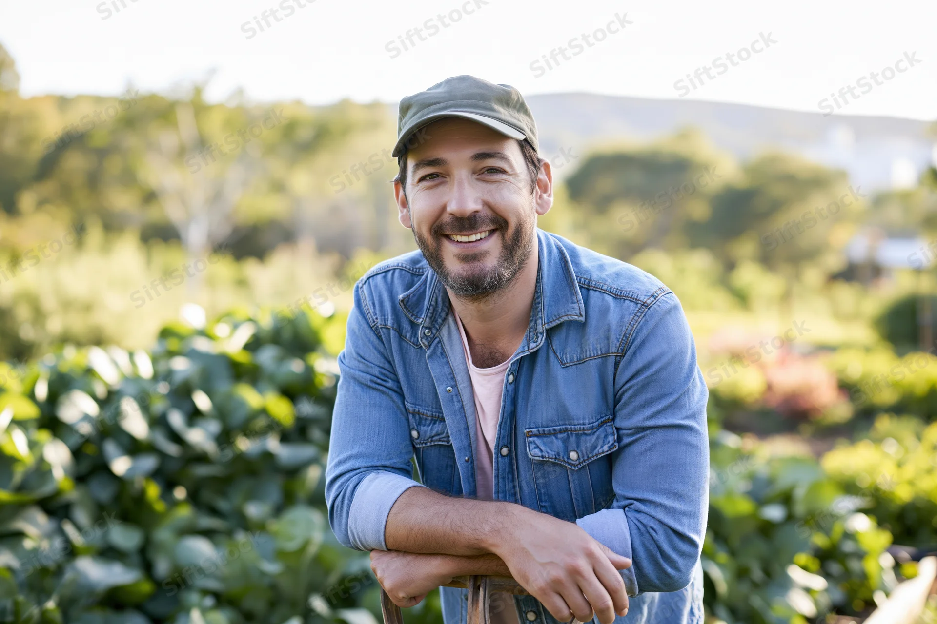 Smiling man in cap and denim jacket leaning in vegetable garden