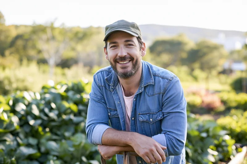 Smiling man in cap and denim jacket leaning in vegetable garden