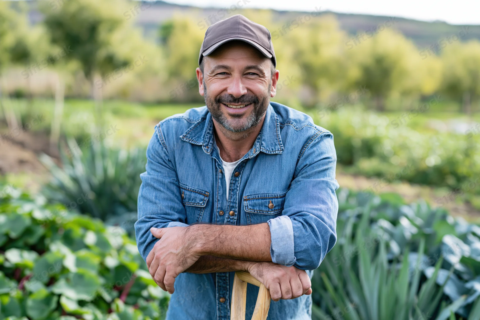 Smiling man in cap and denim shirt leaning on hoe in vegetable garden