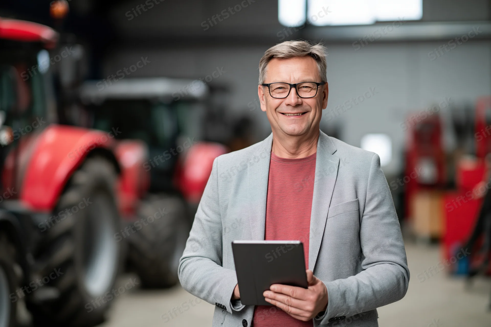 Smiling man holding tablet in a tractor workshop