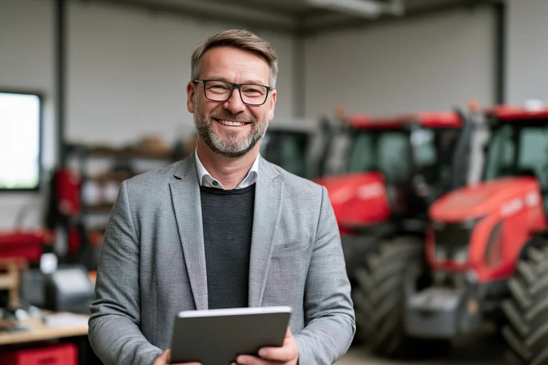 Smiling man in gray suit holding tablet in front of red tractors in a workshop