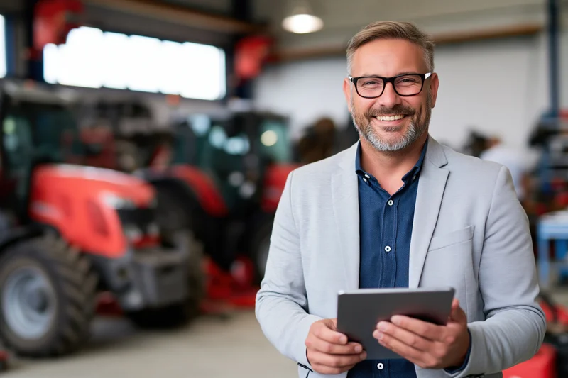 Man in gray blazer holding tablet in farm machinery showroom