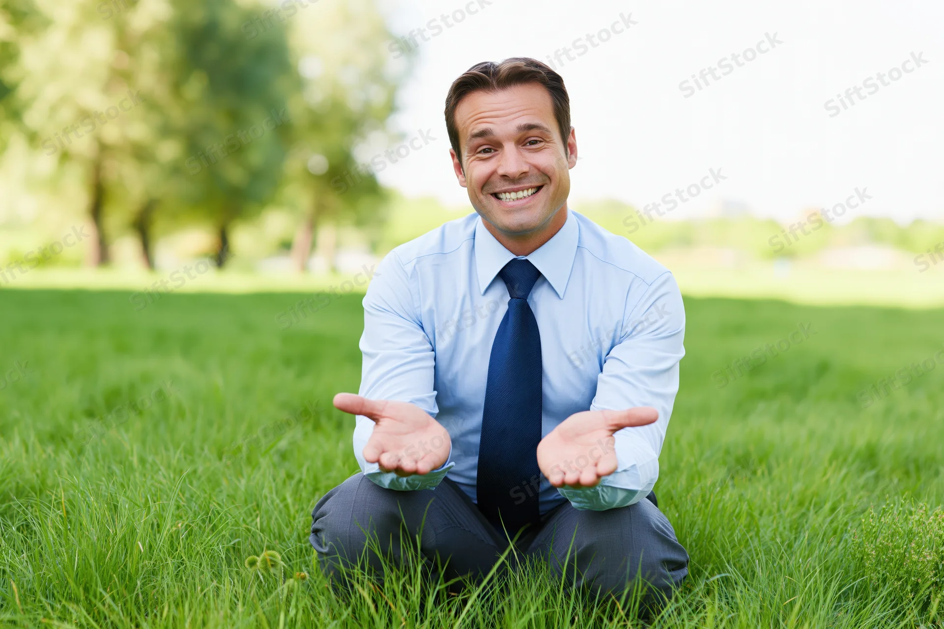 Smiling man in formalwear sitting on grass with hands outstretched in a park
