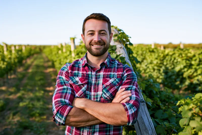 Man with arms crossed smiling in a vineyard field