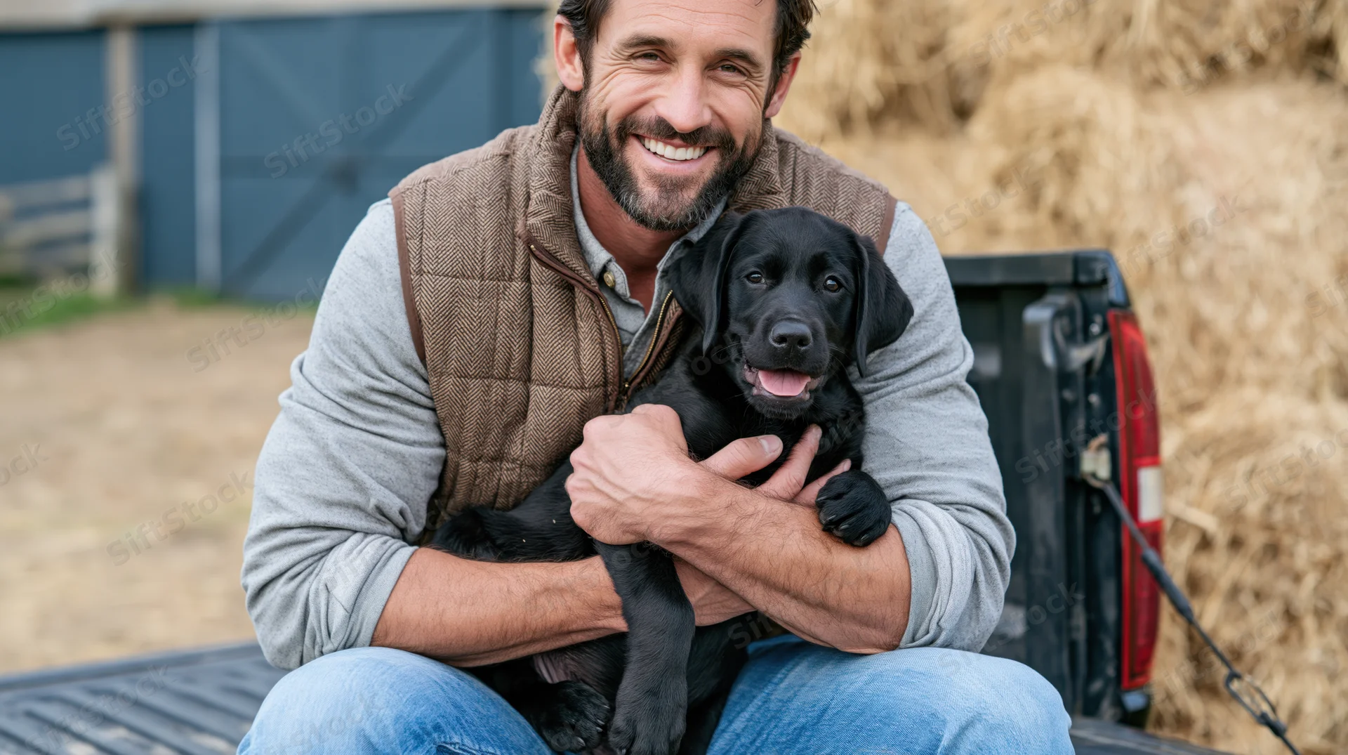 Man holding black labrador puppy on truck bed in farm setting
