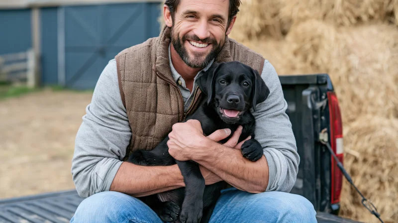 Man holding black labrador puppy on truck bed in farm setting