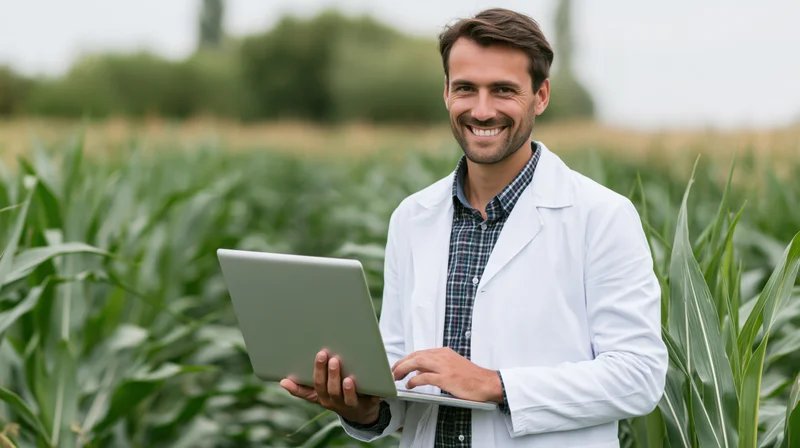Man in white lab coat using laptop in cornfield