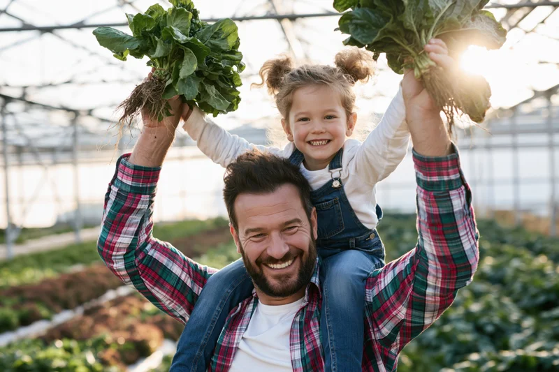 Father carrying daughter on shoulders in greenhouse holding fresh vegetables