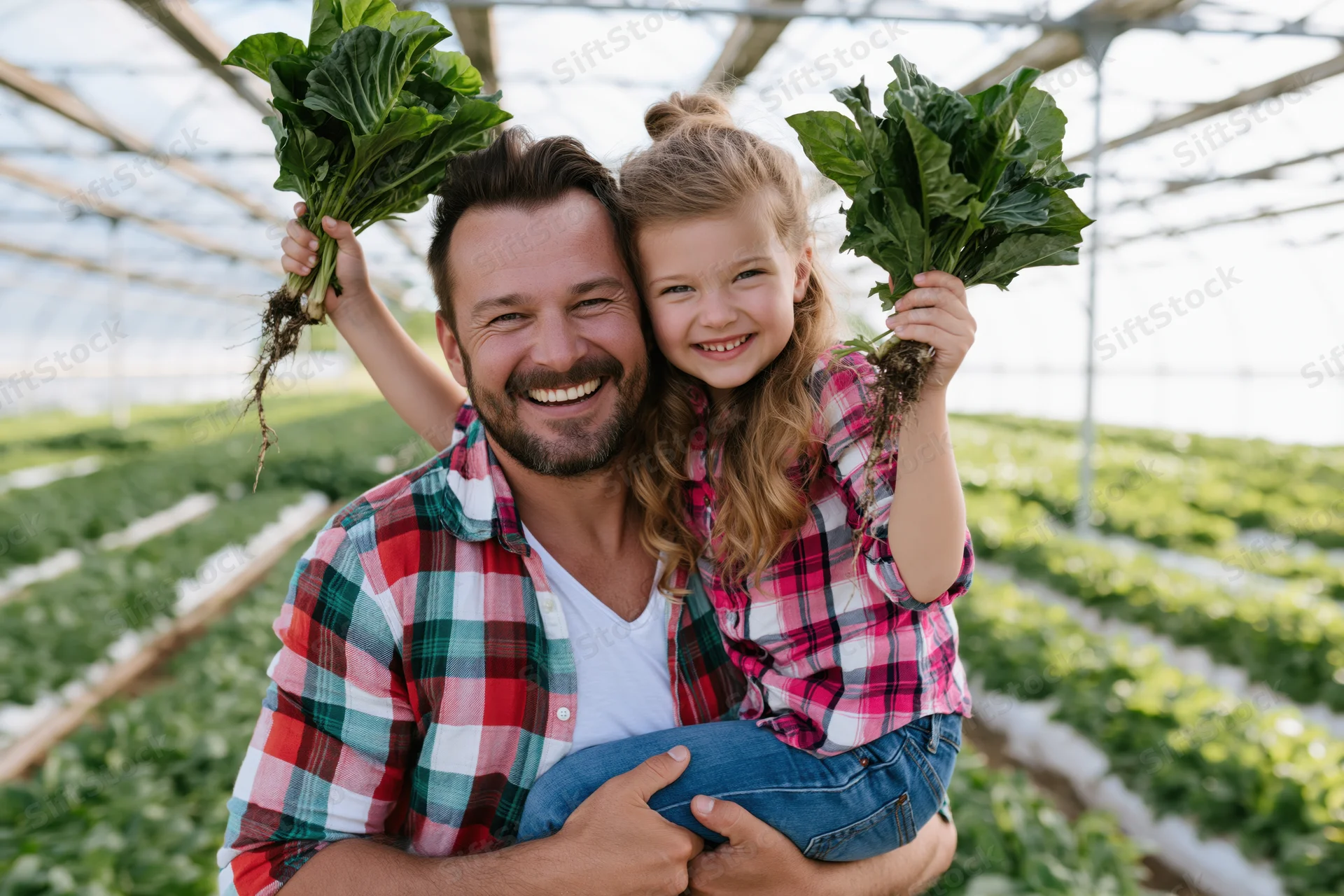 Father holding daughter in greenhouse, both smiling while holding freshly harvested radishes