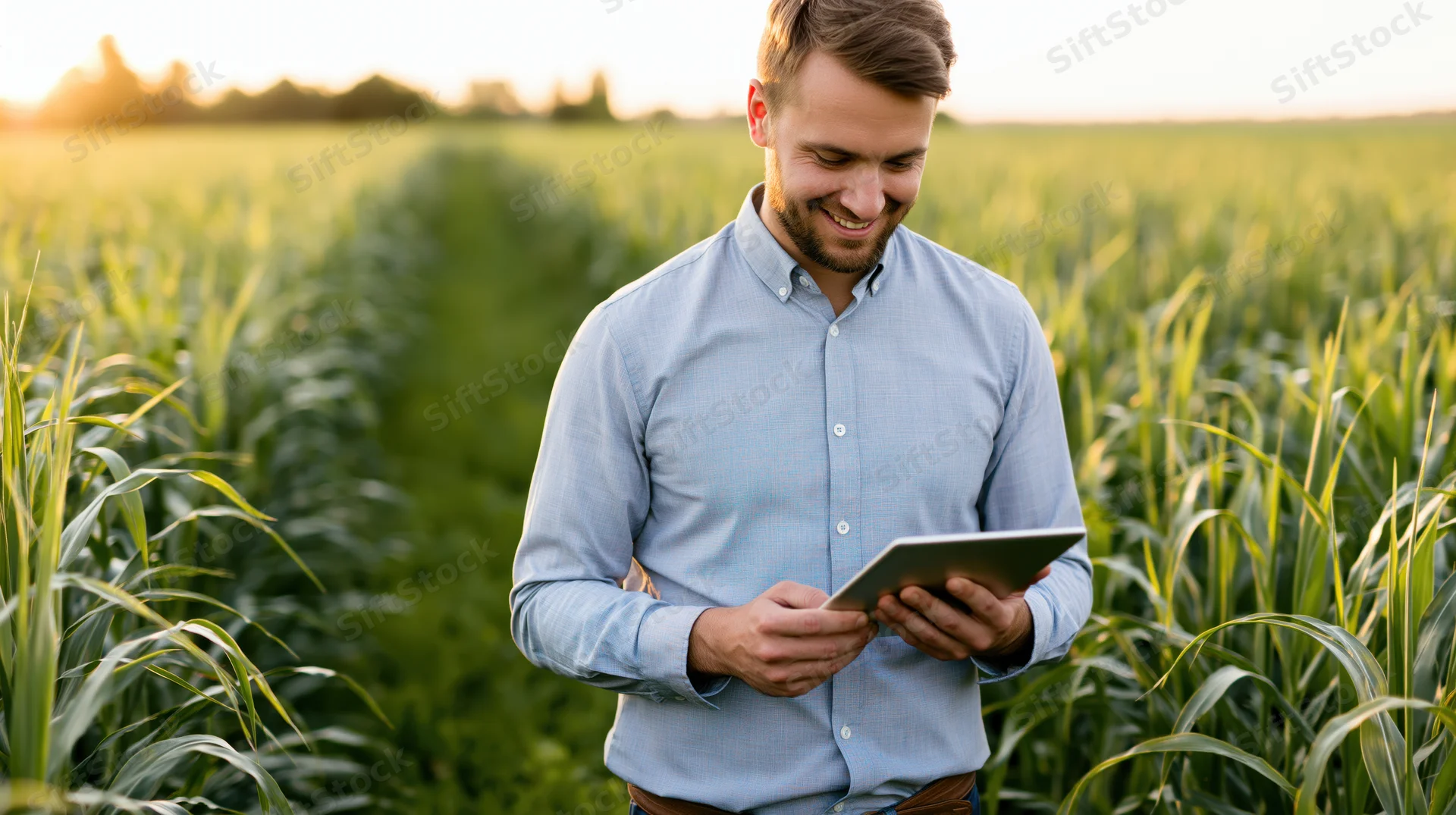Man using tablet in cornfield during golden hour
