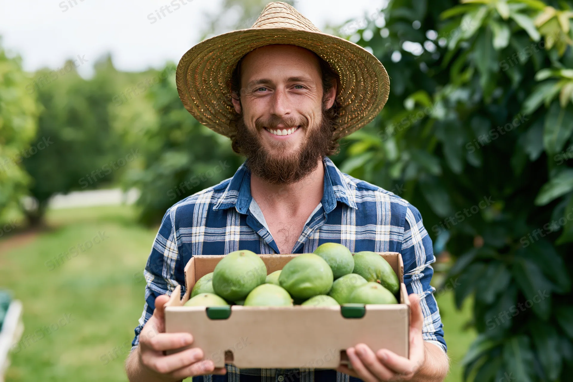 Smiling man holding box of green citrus fruit in orchard garden