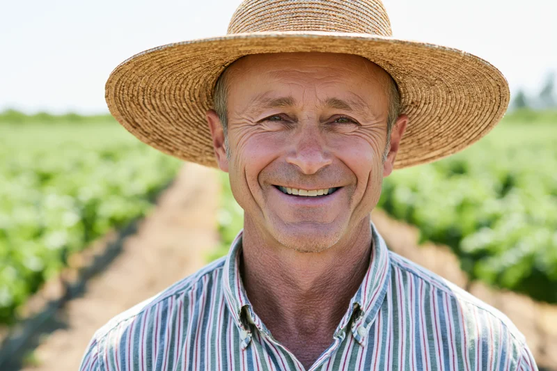Smiling farmer in straw hat standing in vegetable field