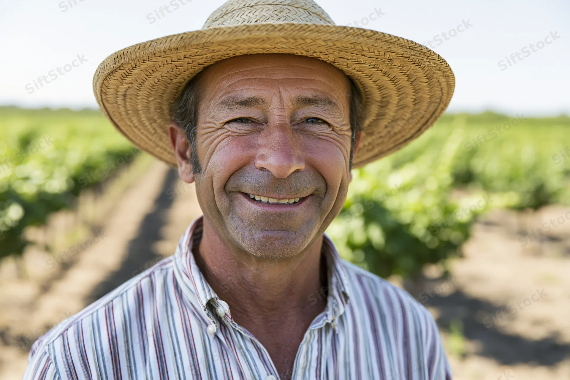 Smiling farmer in straw hat standing in vineyard field
