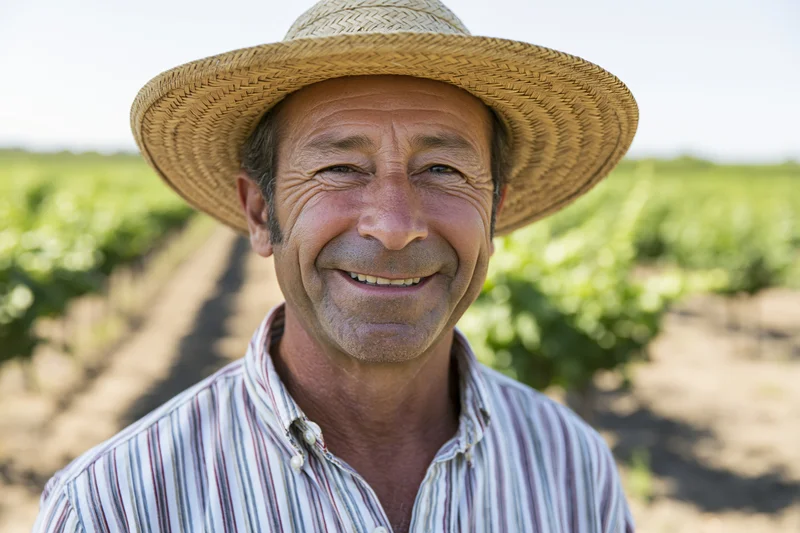 Smiling farmer in straw hat standing in vineyard field