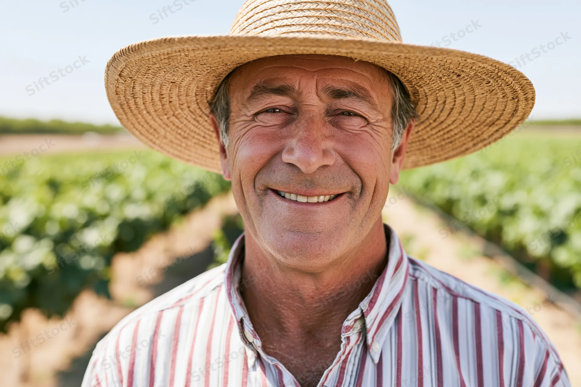 Smiling farmer in straw hat standing in a green crop field