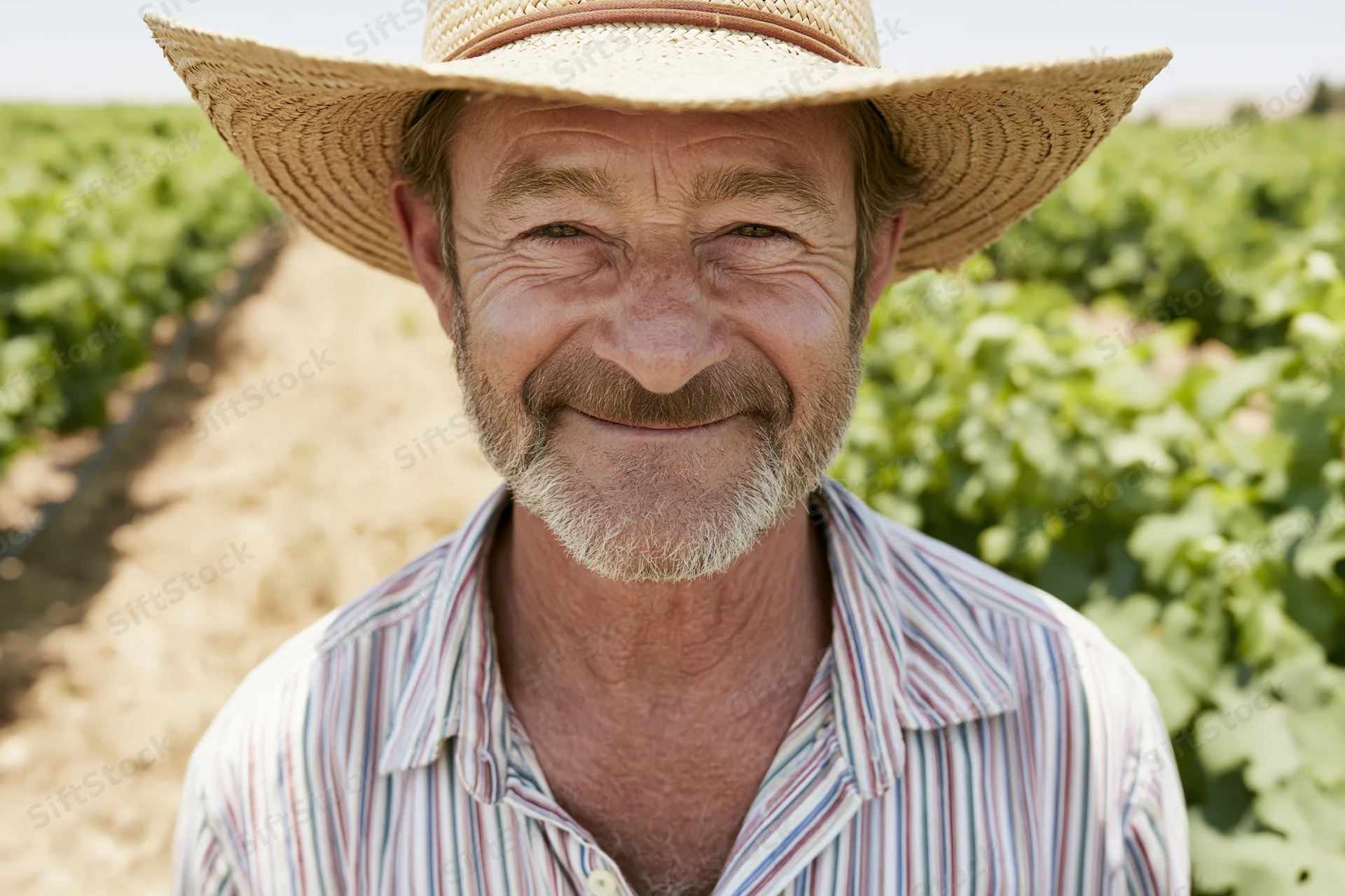 Smiling senior man in straw hat standing in vegetable field