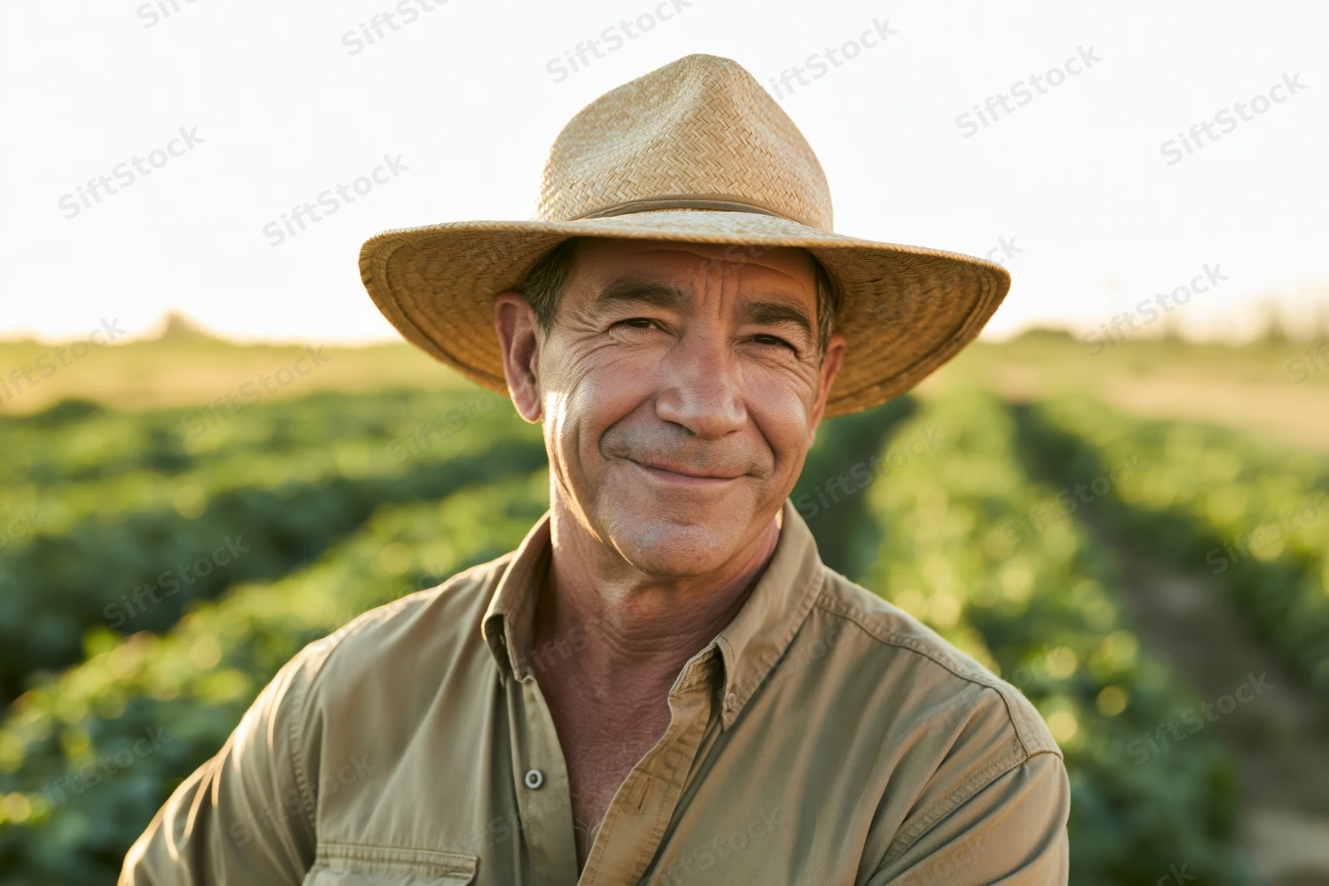 Smiling middle-aged farmer in straw hat standing in a green crop field at golden hour