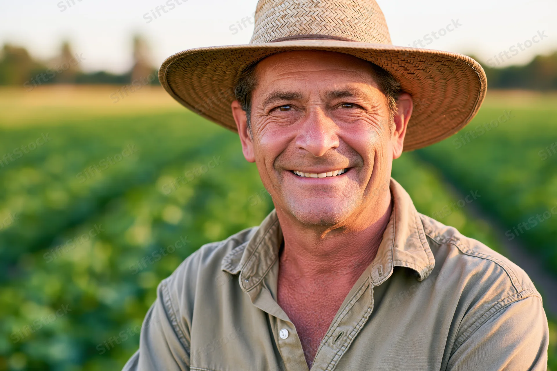 Smiling middle-aged farmer in straw hat standing in a green crop field